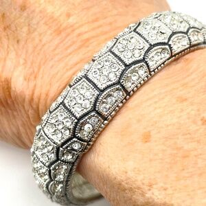 Pave Rhinestone Black Enamel Honeycomb Silver Tone Bangle Bracelet